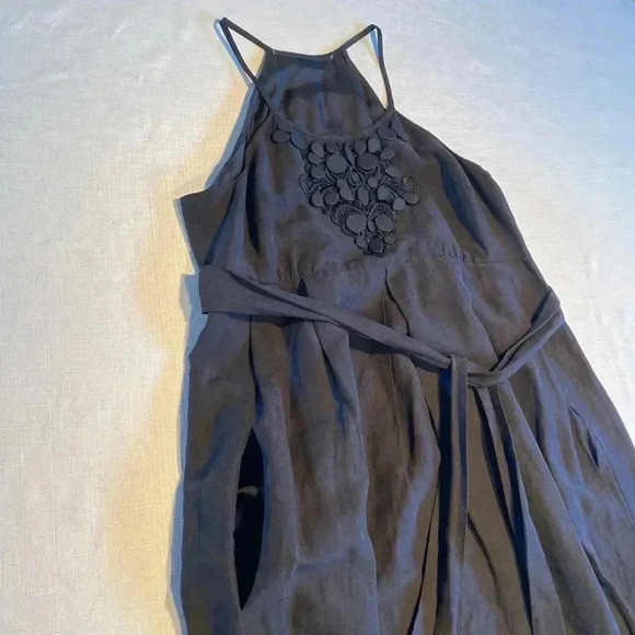 Women’s Empire Halter Dress Small S Black Silk Pockets Midi  Dress Embroidered - Picture 8 of 11